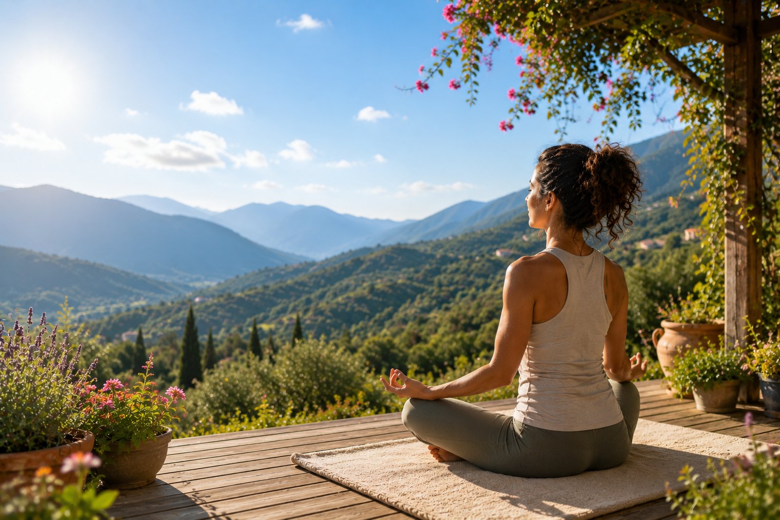 A woman sitting in a meditative pose on a wooden terrace, looking out at green mountains in soft sunlight